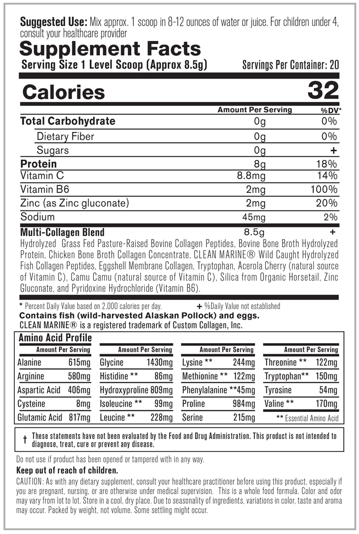 Clean Multi Collagens Use and Ingrdients Label